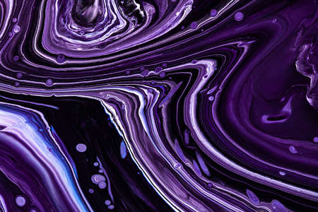 Fluid art texture. Abstract backdrop with mixing paint effect. Liquid acrylic picture with beautiful mixed paints. Can be used for interior poster. Purple, white and black overflowing colors.の写真素材