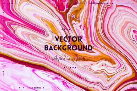 Fluid art texture. Abstract background with mixing paint effect. Liquid acrylic picture with flows and splashes. Mixed paints for baner or wallpaper. Golden, white and coral overflowing colors.のイラスト素材