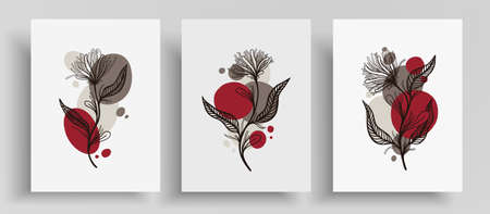 Vector cover layout with abstract elements and line art. Minimalist template with round shapes and botanical lines composition. Designed for wall decoration, postcard or brochure, cover design.のイラスト素材