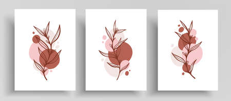 Botanical minimalistic vector template with earth color shapes and leaves. Beautiful layout with outline plants and twigs. Templates for invitations or greeting cards, cover design, wall art.のイラスト素材