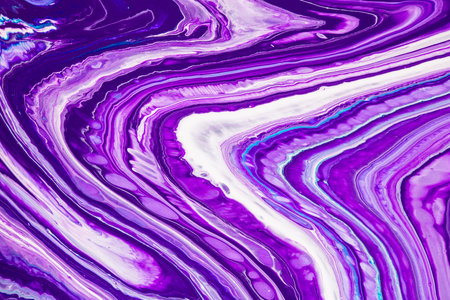 Fluid art texture. Background with abstract iridescent paint effect. Liquid acrylic picture that flows and splashes. Mixed paints for background or poster. Purple, blue and white overflowing colors.の写真素材