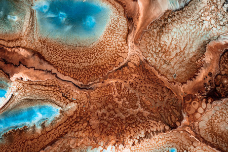 Fluid art texture. Background with abstract paint effect. Liquid acrylic picture with flows and cells, waves. Mixed paints for wall art or design poster. Backdrop similar to the landscape of the earthの写真素材