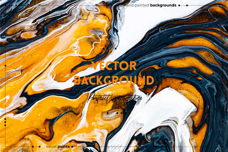 Fluid art texture. Backdrop with abstract swirling paint effect. Liquid acrylic artwork with flows and splashes. Mixed paints for baner or wallpaper. White, navy blue and golden overflowing colors.のイラスト素材