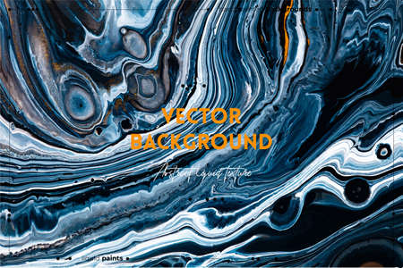 Fluid art texture. Abstract backdrop with mixing paint effect. Liquid acrylic artwork with artistic mixed paints. Can be used for baner or wallpaper. Black, navy blue and golden overflowing colors.のイラスト素材