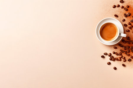 A freshly brewed espresso in a white cup surrounded by roasted coffee beans on a beige background with ample copy spaceの素材