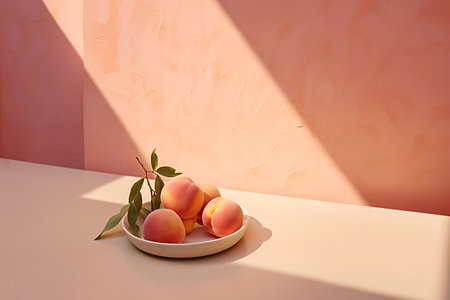 Ripe peaches basking in sunlight on a white plate, set against a pastel pink wall casting soft shadows. The scene is captured in a warm color paletteの素材