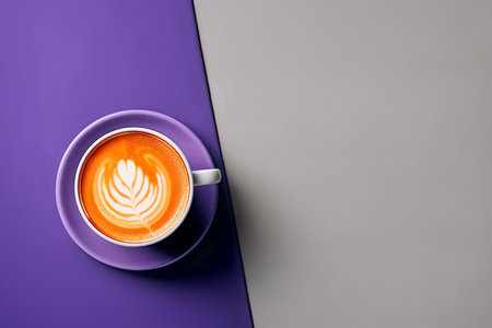 Elegant latte showcasing exquisite foam art on a half purple, half gray background, perfect for minimalist and coffee themesの素材