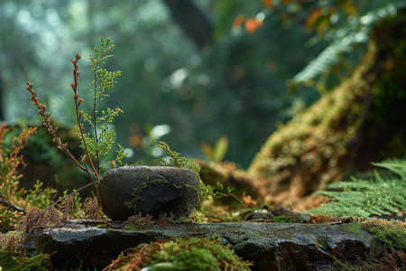 A stone podium set amidst the forest, bathed in warm illumination, adorned with moss-covered rocks encircled by branches and grass. An empty stand background ideal for promoting natural productsの素材
