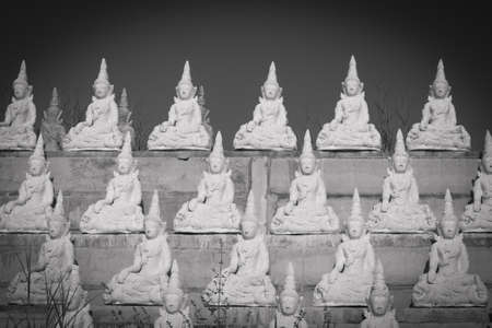 raw of white buddha status on the wall in thailandの写真素材