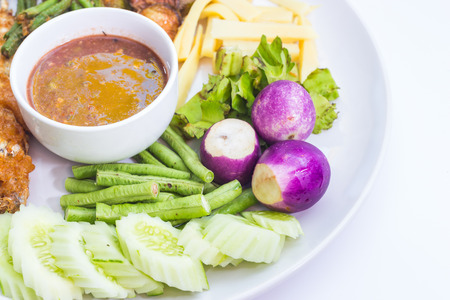 fried mackerel with shrimp paste sauce , nam phik krapi Thai foodon white backgroundの写真素材