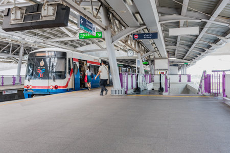 BANGKOK - Mar 6: The Bangkok Mass Transit System (BTS) at a city centre station Mar 6, 2016 in Bangkok Thailand. The Thai capital's BTS rail public transport system serves 600,000 passengers dailyのeditorial素材