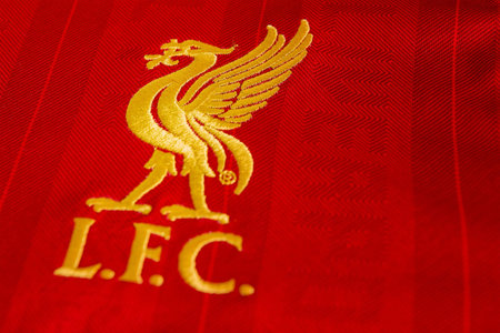 BANGKOK, THAILAND - Mar 16, 2016: the logo of liverpool football club on an official jerseyon 16...
