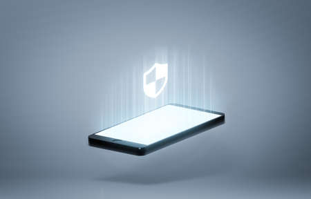 3D Illustration of a Smartphone, with Shield Iconの写真素材