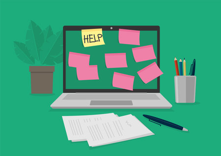 vector illustration showing a workspace with a laptop. On the screen the word help is written....