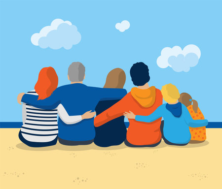 vector illustration of a united, forward-looking family holding each other by the waist. Parents,...