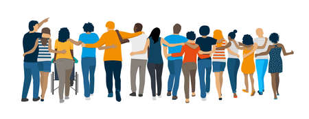 Panoramic illustration of a group of friends supporting each other and moving forward into the future. Concept of solidarity and mutual aid. Multiracial group.のイラスト素材