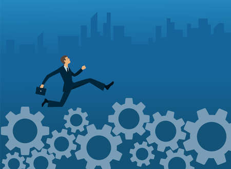 A businessman runs over a system of gears. Concept of the race for profit and the intense pace of corporate life in the world of business and financeのイラスト素材
