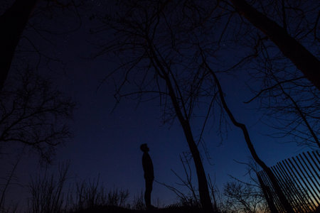 Silhouette of a man in a hat against the background of the night sky and trees