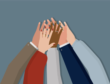 Vector illustration representing several joined hands as a sign of unity, brotherhood and...