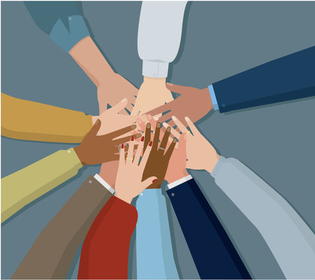 Vector illustration representing several joined hands as a sign of unity, brotherhood and solidarity. Concept of diversity and union of people.のイラスト素材