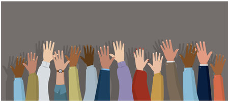 Panoramic illustration showing raised hands of men and women. Voting, freedom and diversity concept. On gray backgroundのイラスト素材