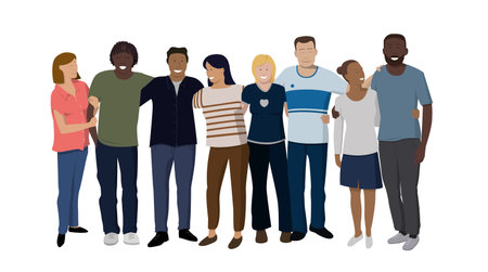 Vector cartoon illustrating human solidarity with friends of different race and culture hugging and moving forward together. They help each other.のイラスト素材