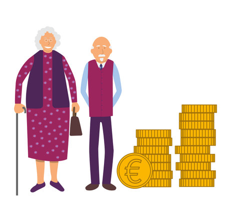<p>vector illustration of two retired elderly people standing next to a stack of euros. Symbol of pensioners earning little money with their retirement pension.</p><p><br></p><p><br></p><p><br></p><p><br></p>のイラスト素材
