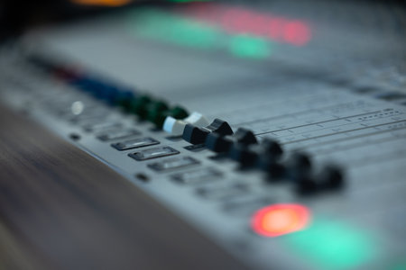 Close up of sound mixer control panel, shallow depth of field.の写真素材