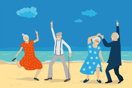 vector illustration showing a group of retired elderly people dancing on the beach. Concept of happy retired seniors.のイラスト素材