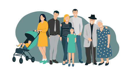 vector illustration representing a group of characters, a family consisting of several generations, grandparents, children and grandchildrenのイラスト素材