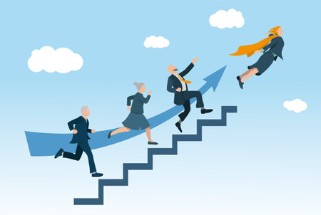 vector illustration in flat design showing a group of businessmen and women climbing a staircase in the sky to fly away. Symbol of career successのイラスト素材