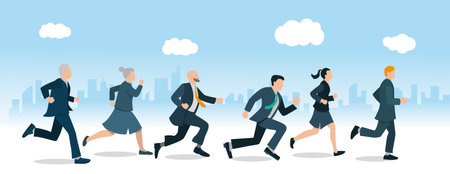 running business men and women. Symbol of competition in business. Vector illustration in flat style.のイラスト素材