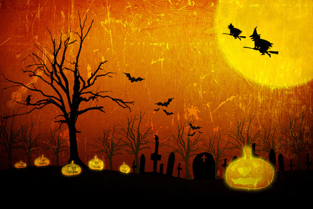 Halloween night with pumpkin O  Jack lantern in the cemeteryの写真素材