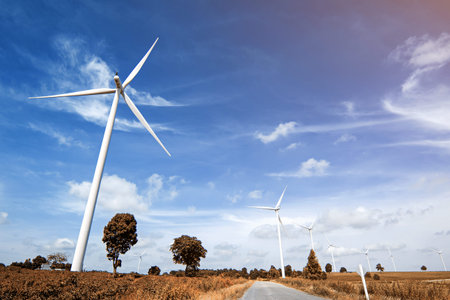Wind turbine with blue sky, renewable energyの写真素材