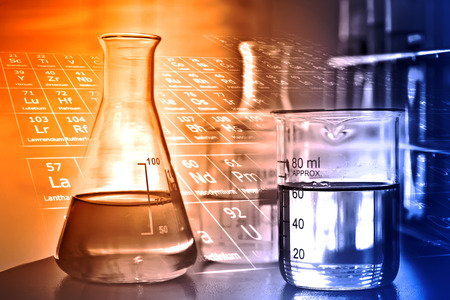 flask and beaker in laboratoryの写真素材