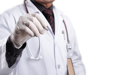 Doctor holding pen with white backgroundの写真素材
