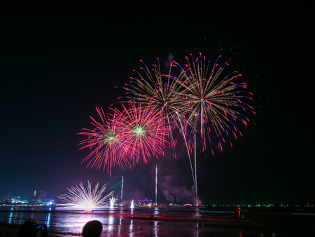 Beautiful firework display on celebration night, showing on the riverのeditorial素材