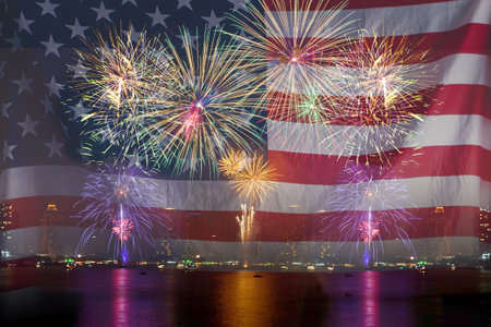 Double exposure of Amazing beautiful colorful fireworks display on celebration night with USA flag,...