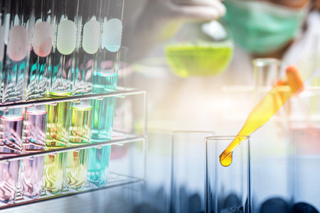 hand of scientist holding flask with lab glassware in chemical laboratory background, science...
