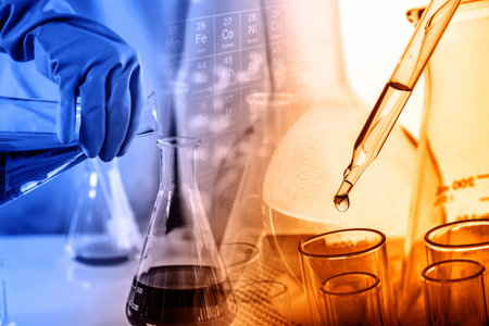 hand of scientist holding flask with lab glassware in chemical laboratory background, science...