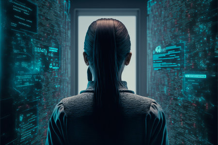 Rear view of female hacker. generative aiの素材