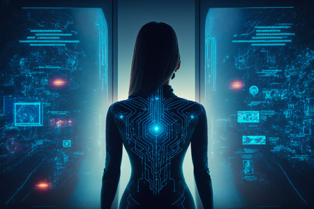 Rear view of female hacker. generative aiの素材