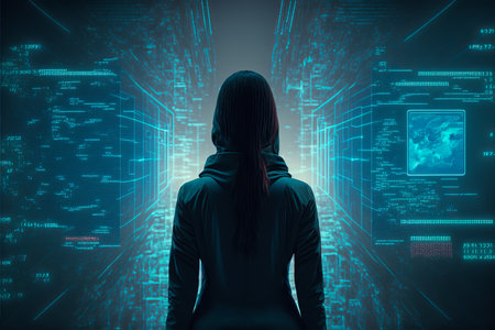 Female hacker in virtual world. generative aiの素材