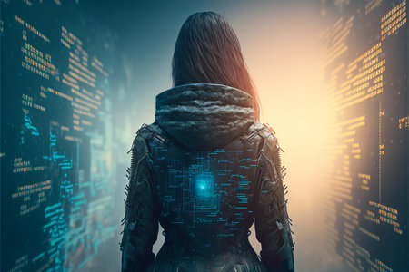 Female hacker in virtual world. generative aiの素材
