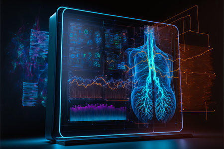 Healthcare hologram display on digital tablet, medical technology concept. generative aiの素材