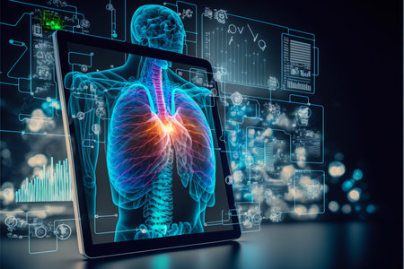 Healthcare hologram display on digital tablet, medical technology concept. generative aiの素材