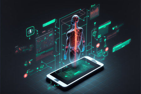 Healthcare hologram display on digital tablet, medical technology concept. generative aiの素材