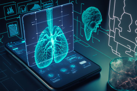 Healthcare hologram display on digital tablet, medical technology concept. generative aiの素材