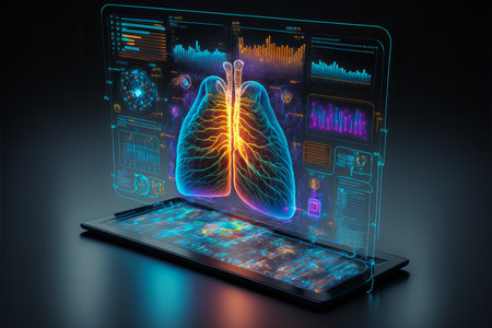 Healthcare hologram display on digital tablet, medical technology concept. generative aiの素材