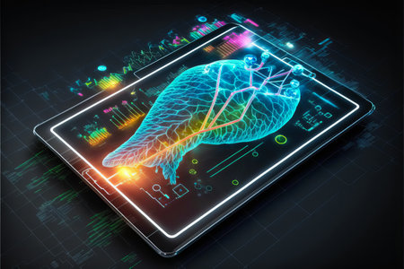 Healthcare hologram display on digital tablet, medical technology concept. generative aiの素材